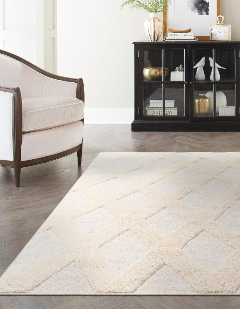 Trellis Wool Collection Area Rug - Vineyard Square Ivory lifestyle 10
