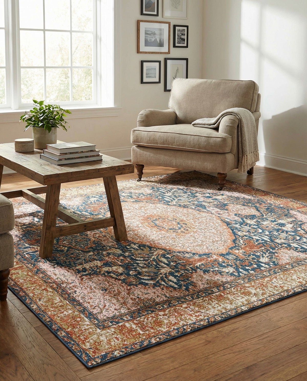 Patio Heritage Collection Area Rug - Courtyard Square Navy Blue and Light Pink lifestyle 111