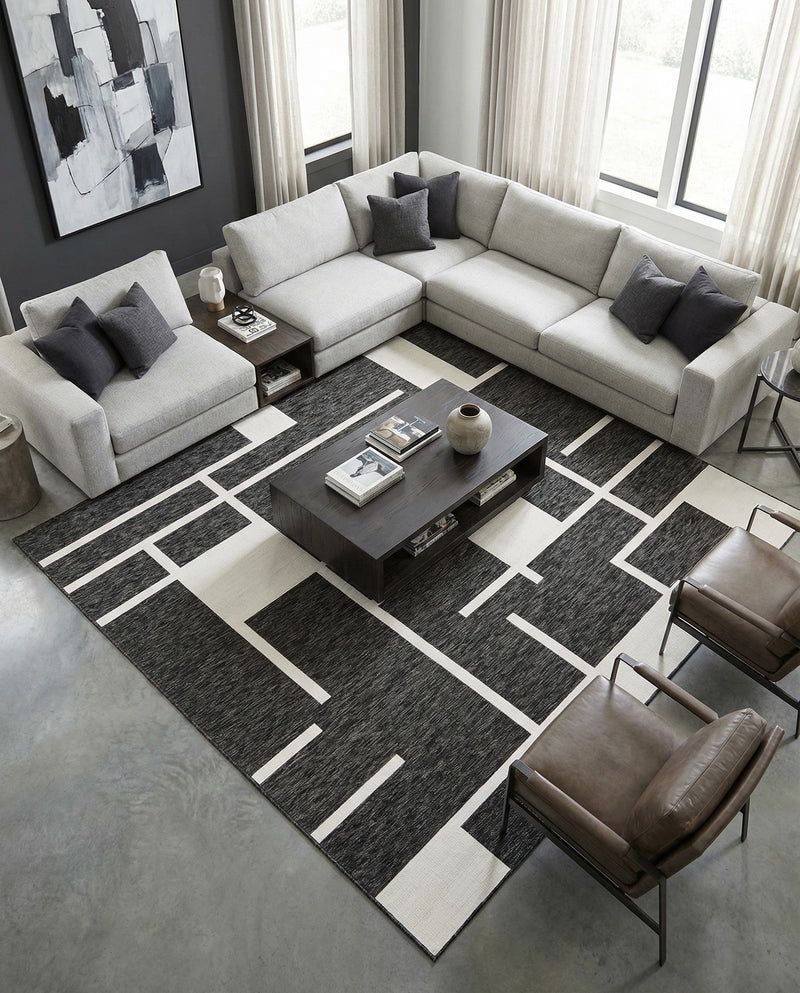 Urban Terrace Collection Area Rug -  Parkside Square Black and White  lifestyle 48