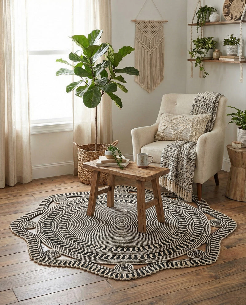 Woven Seaside Jute Collection Area Rug - Nantucket Round Black and White  lifestyle 8