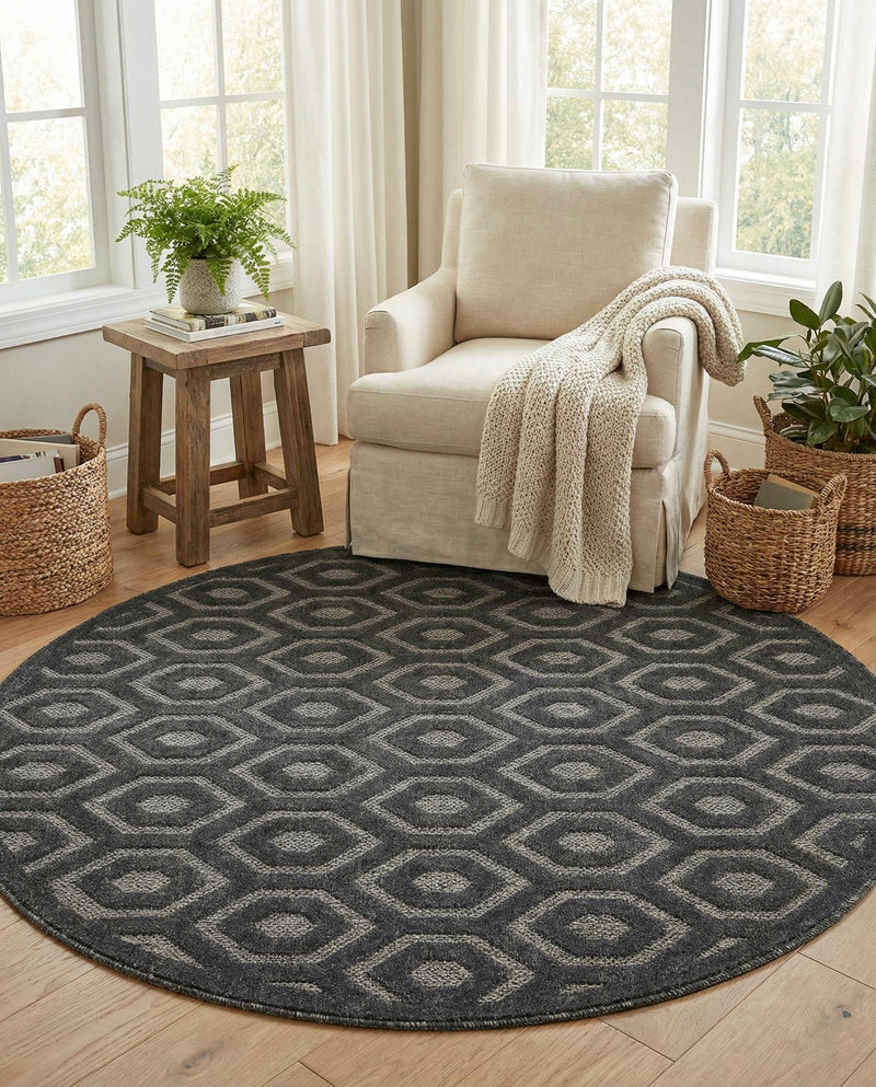Garden Lattice Charm Collection Area Rug - Arbor (Charcoal) Round Charcoal  lifestyle 39