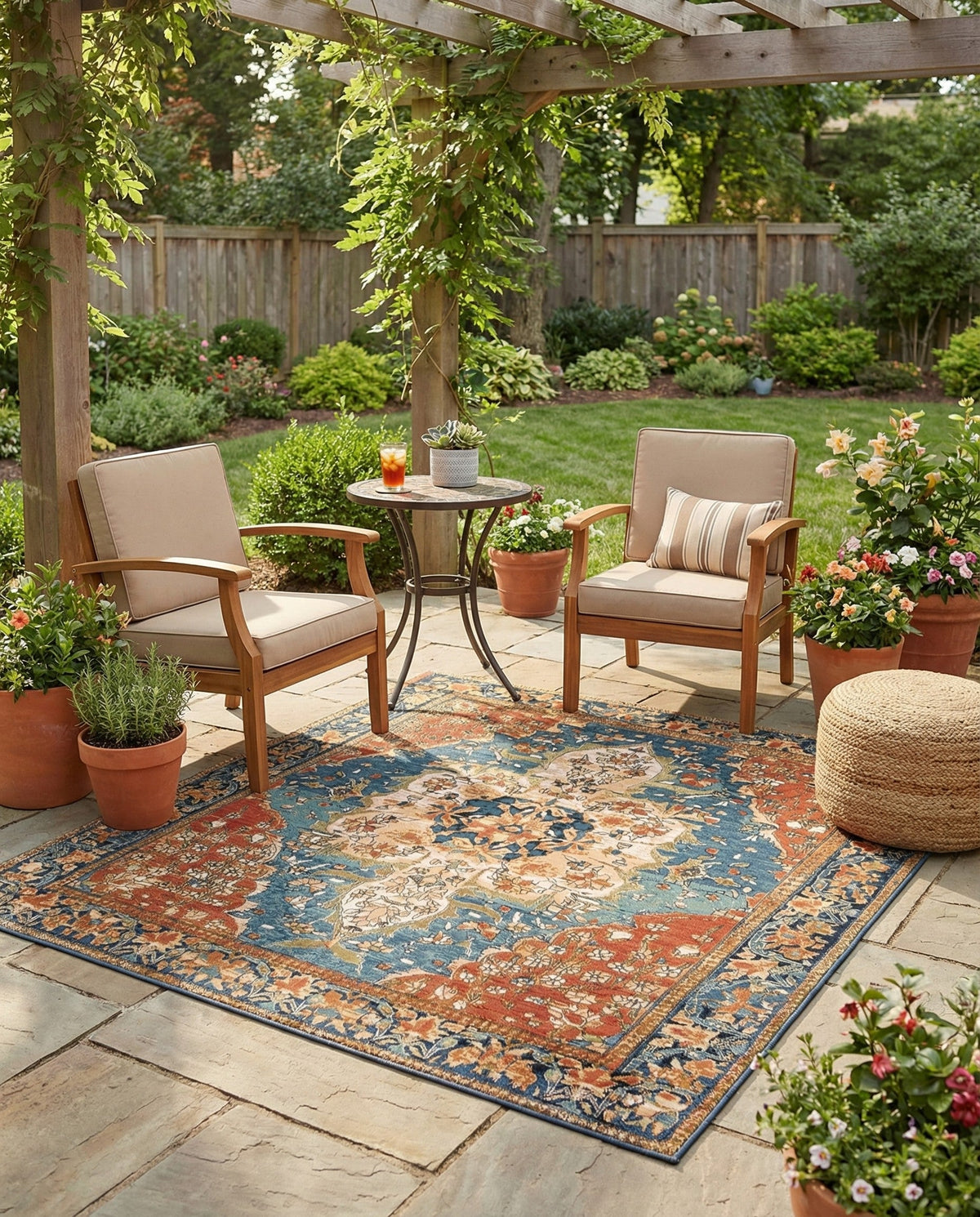 Patio Heritage Collection Area Rug -  Grove Square Navy Blue and Rust Red  lifestyle 62