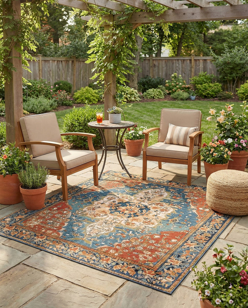 Patio Heritage Collection Area Rug -  Grove Square Navy Blue and Rust Red  lifestyle 62