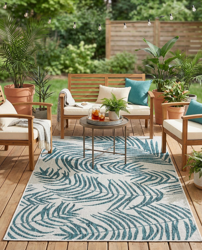Seaside Blooms Collection Area Rug - Verdure (Teal Ivory) Rectangle Teal Ivory  lifestyle 6