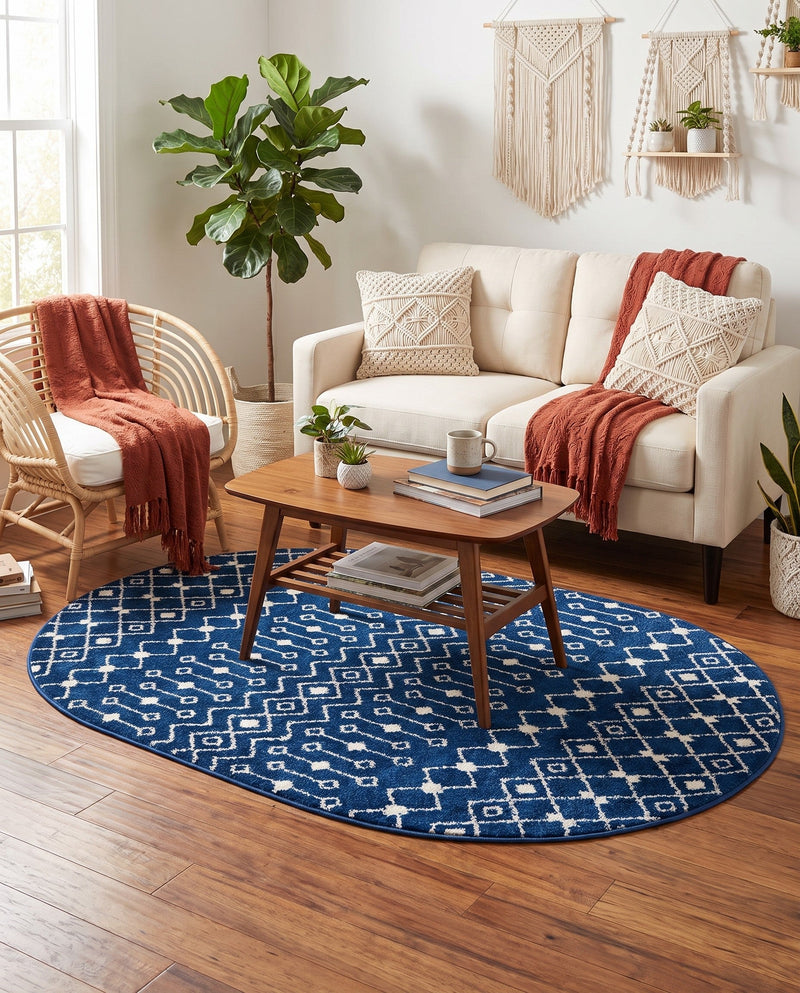 Mediterranean Lattice Collection Area Rug - Santorini (Navy Blue) Oval Navy Blue  lifestyle 90