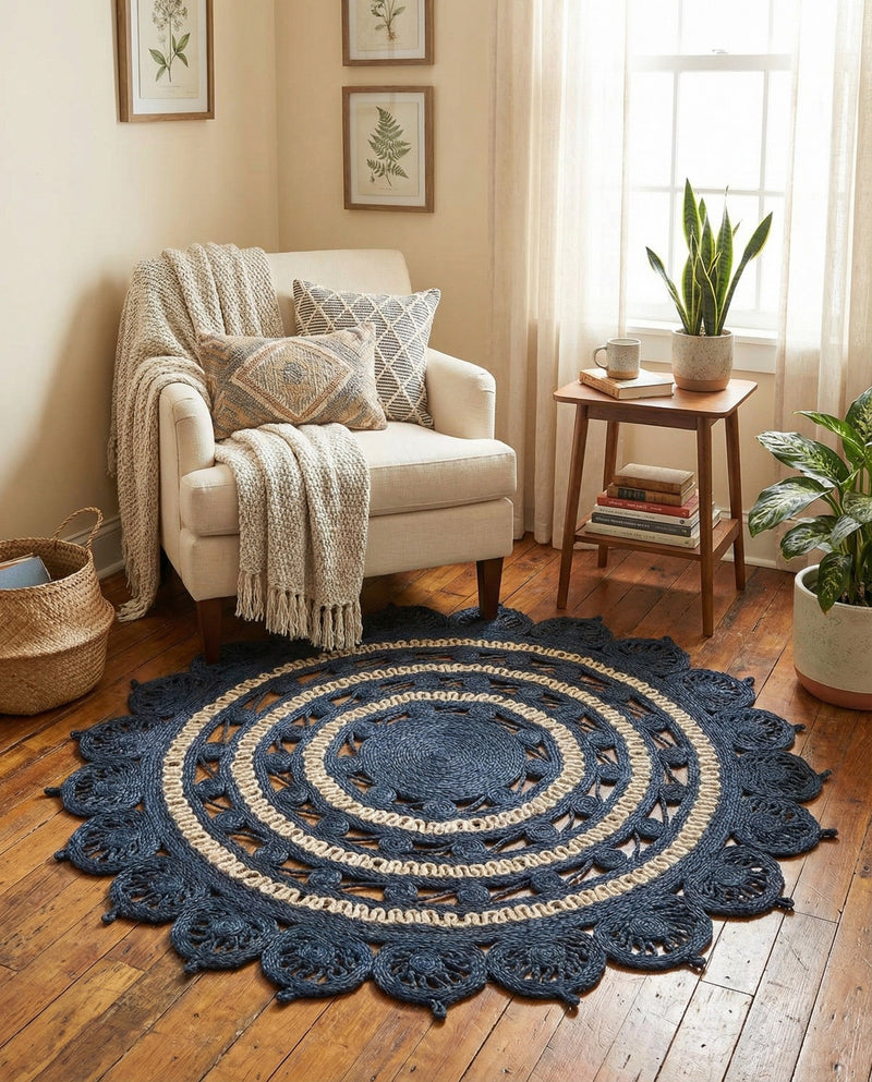 Woven Seaside Jute Collection Area Rug - Coastalhaven (Navy Blue and White) Round Navy Blue and White  lifestyle 31
