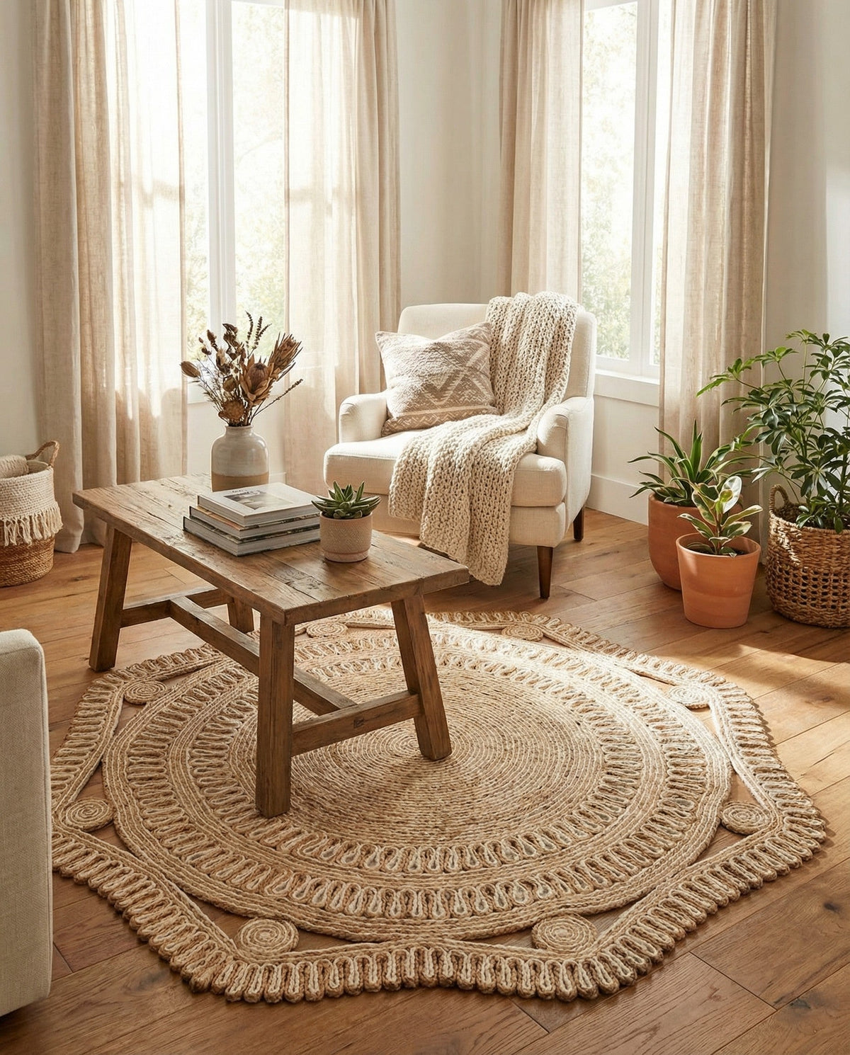 Woven Seaside Jute Collection Area Rug - Nantucket Round Natural and White  lifestyle 74