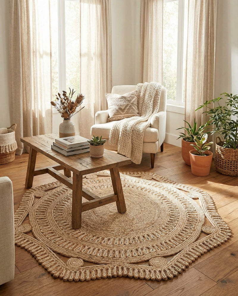 Woven Seaside Jute Collection Area Rug - Nantucket Round Natural and White  lifestyle 74
