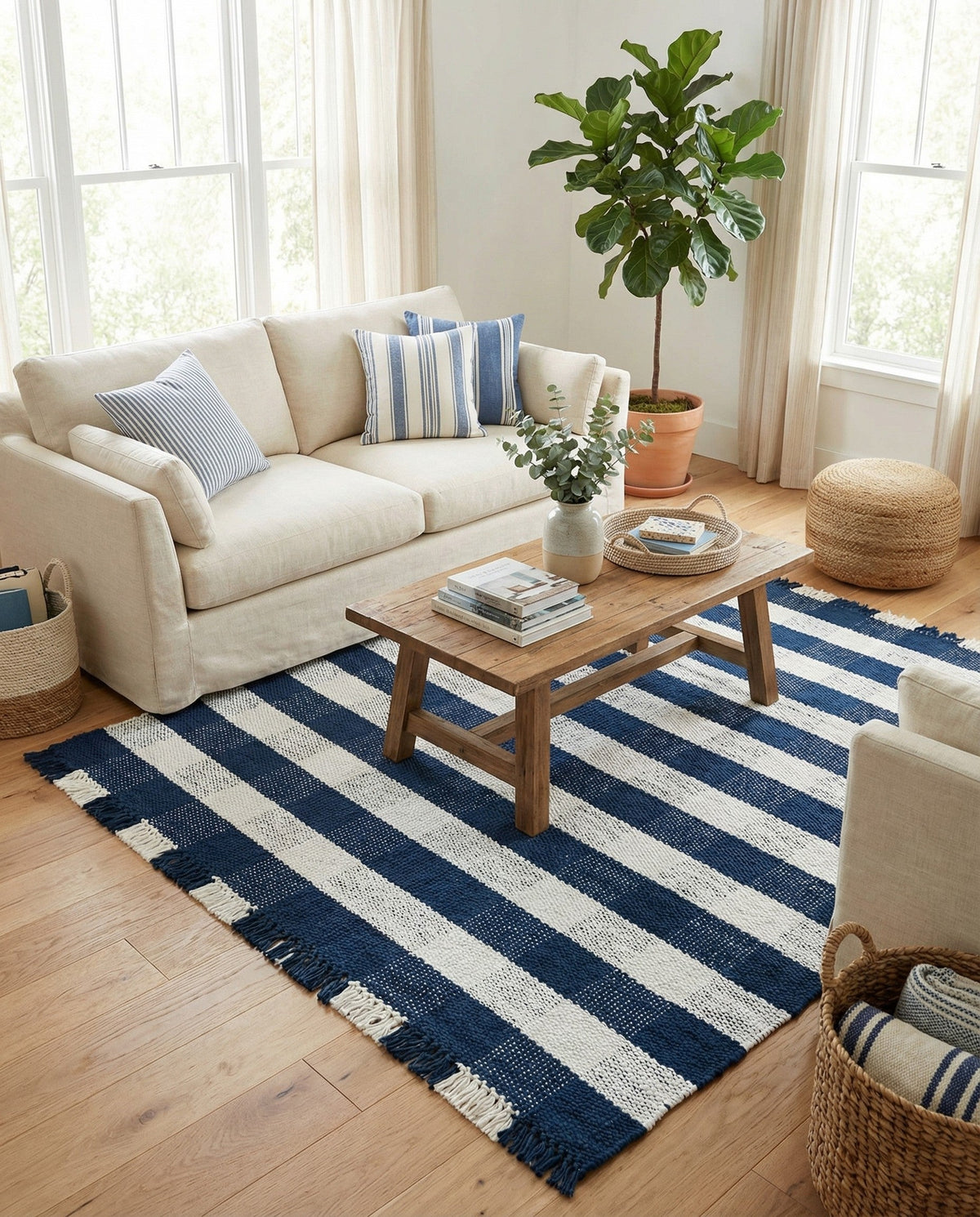 Sustainable Grid Indoor-Outdoor Oasis Collection Area Rug - Savannah Square Navy Blue  lifestyle 184