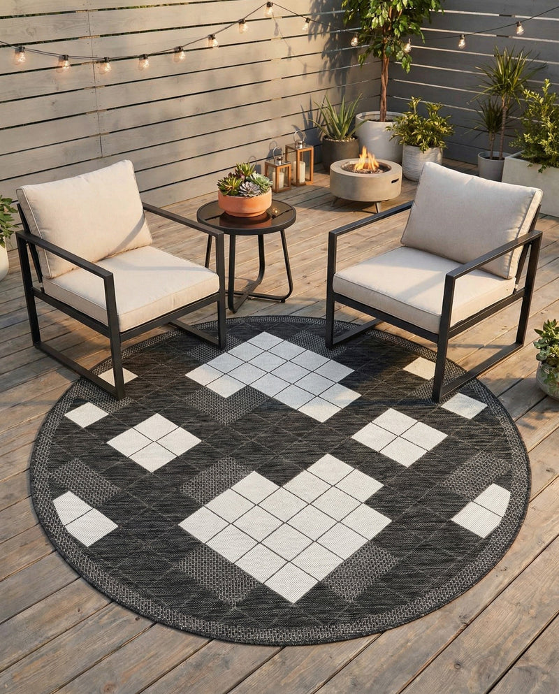Urban Terrace Collection Area Rug -  Williamsburg Round Black and White  lifestyle 66