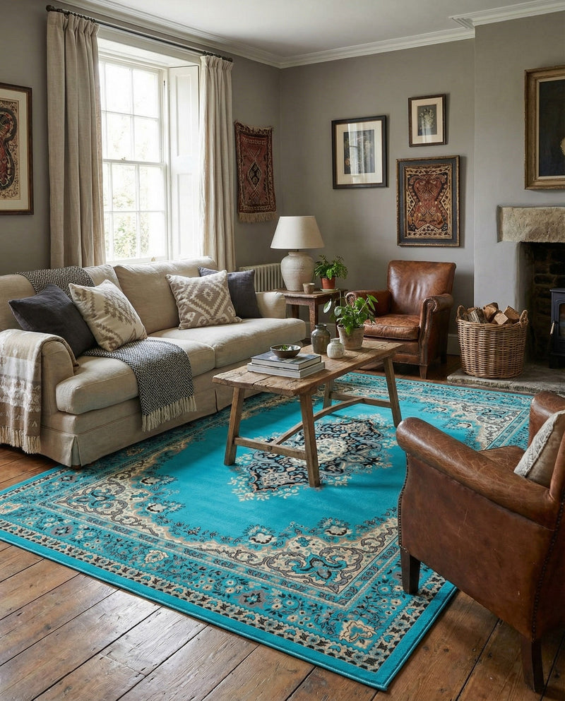 Tabriz Tapestry Collection Area Rug - Azerbaijan (Turquoise) Rectangle Turquoise  lifestyle 18