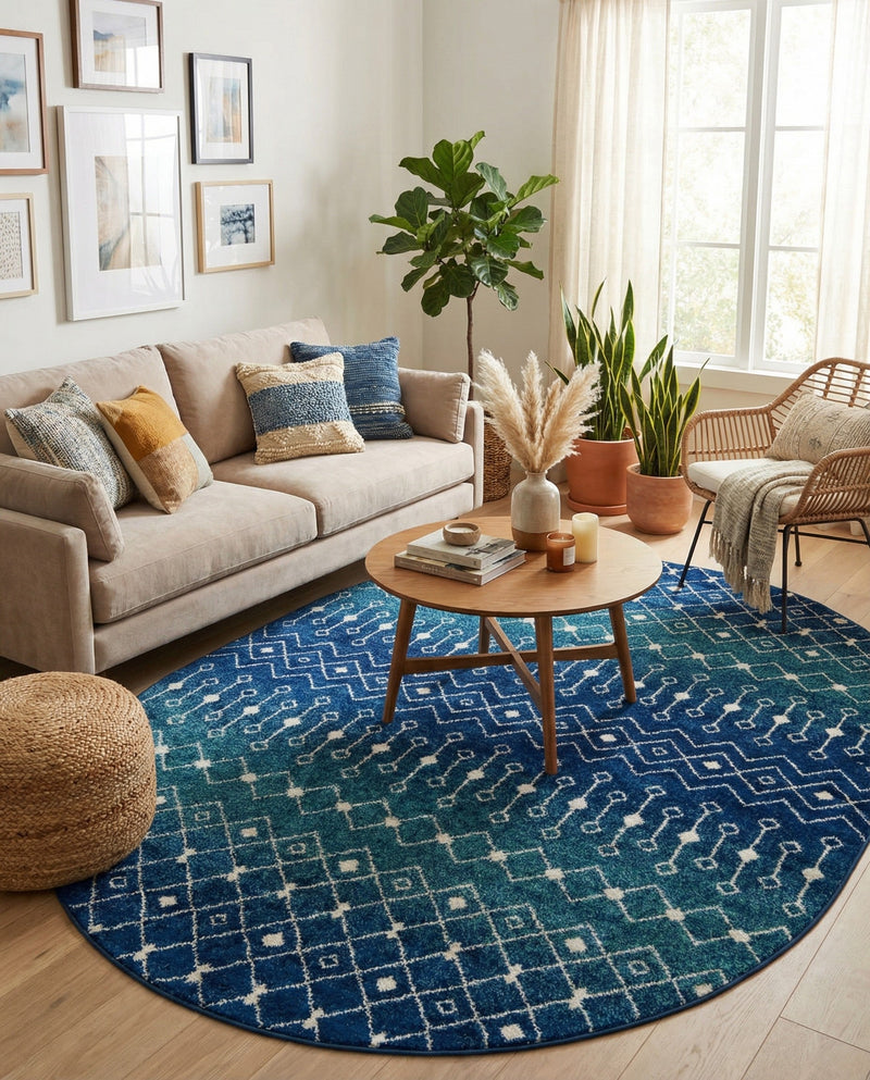 Mediterranean Lattice Collection Area Rug - Santorini (Navy and Teal) Oval Navy and Teal  lifestyle 55