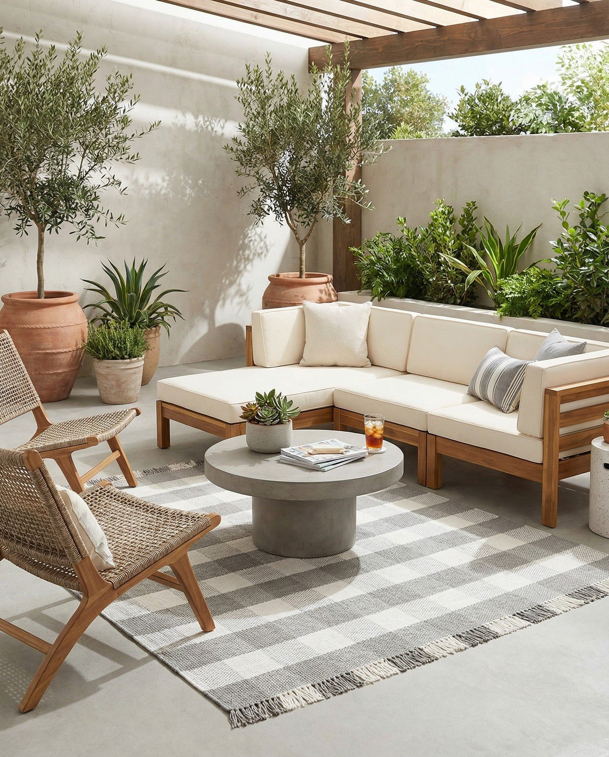 Sustainable Grid Indoor-Outdoor Oasis Collection Area Rug - Savannah Square Gray  lifestyle 186