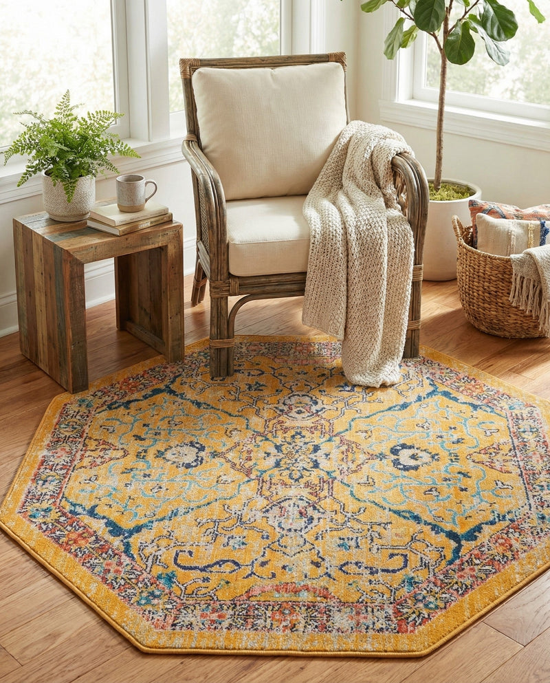 Seville Stripes Collection Area Rug -  Malaga (Yellow) Octagon Yellow  lifestyle 64