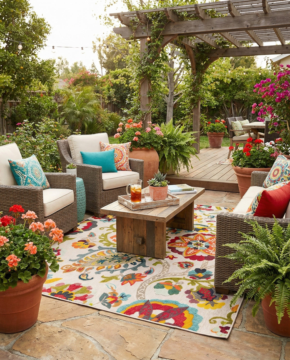 Outdoor Marrakesh Collection Area Rug - Fes Square Multi Beige  lifestyle 113