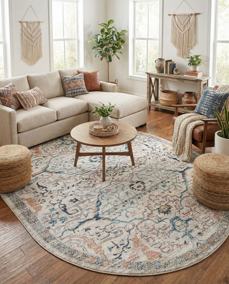 Seville Stripes Collection Area Rug -  Malaga (Ivory) Oval Ivory  lifestyle 30