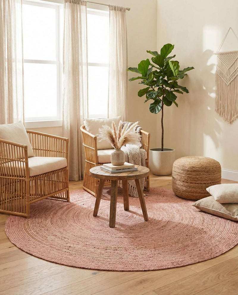 Woven Seaside Jute Collection Area Rug - Savannah (Light Pink) Round Light Pink  lifestyle 43