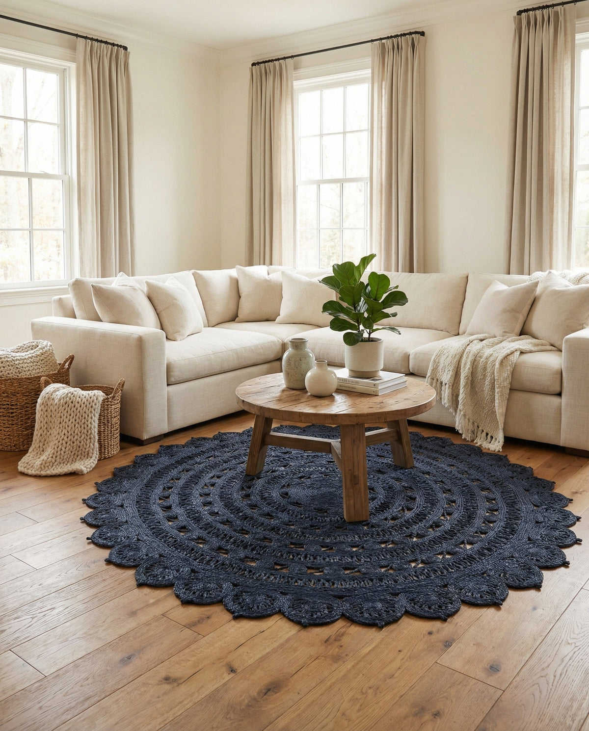 Woven Seaside Jute Collection Area Rug - Coastalhaven (Navy Blue) Round Navy Blue  lifestyle 32