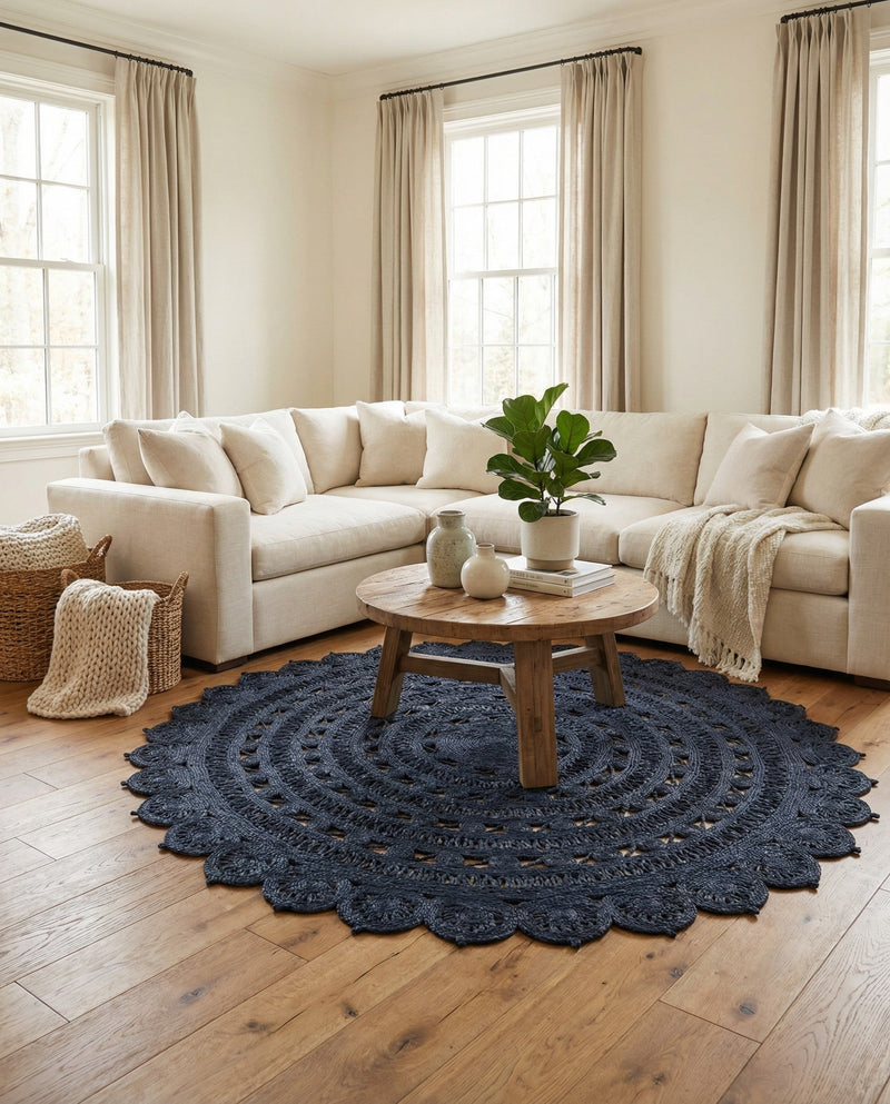 Woven Seaside Jute Collection Area Rug - Coastalhaven (Navy Blue) Round Navy Blue  lifestyle 32