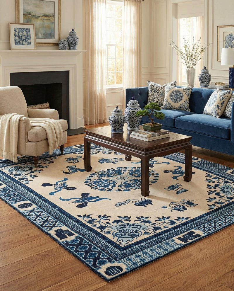 Bazaar Chic Collection Area Rug -  Casablanca Square Ivory and Blue  lifestyle 55