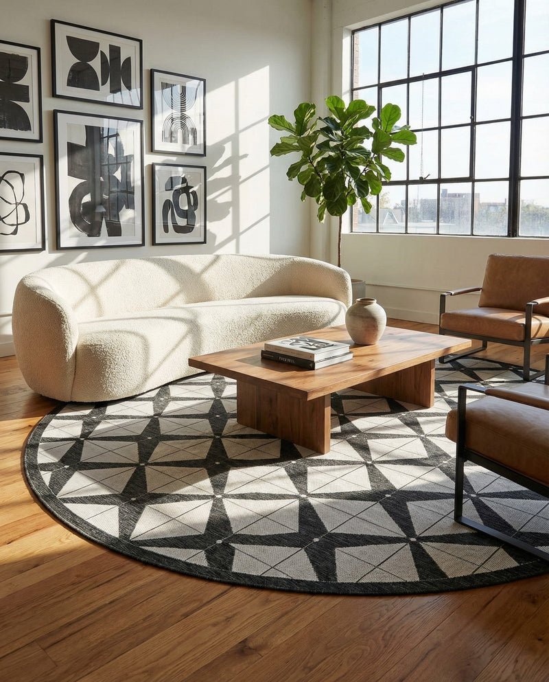 Urban Terrace Collection Area Rug -  Hudson Round Black and White  lifestyle 69