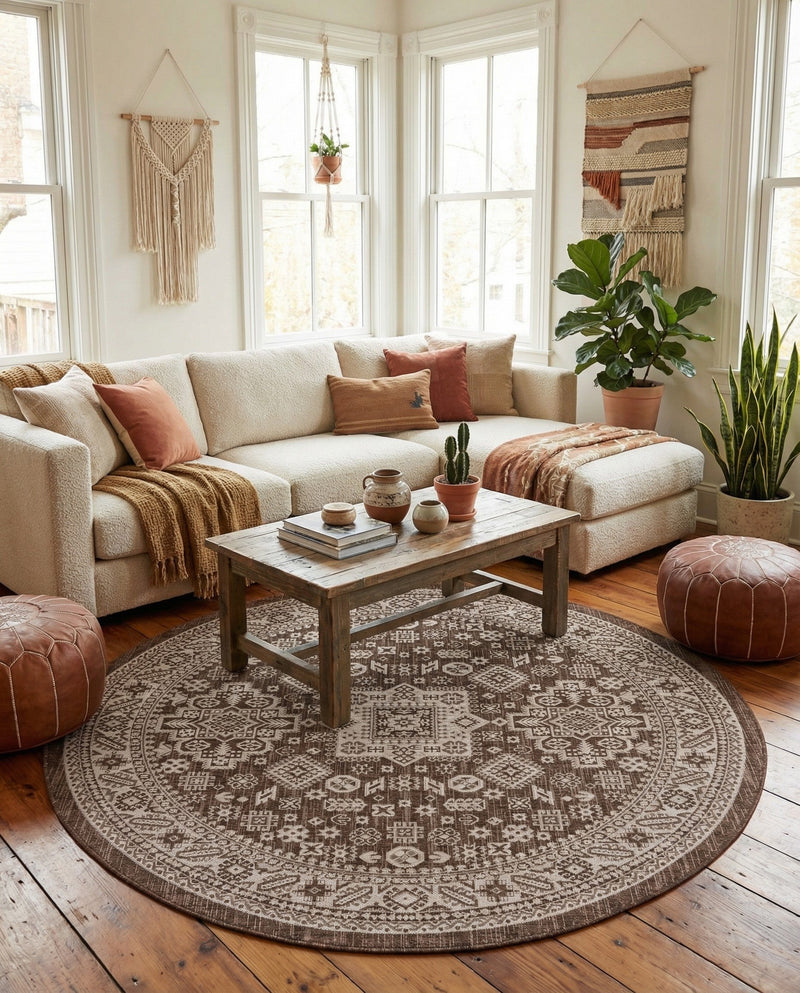Tribal Terrace Treasures Collection Area Rug -  Incan Isle (Brown) Round Brown  lifestyle 40