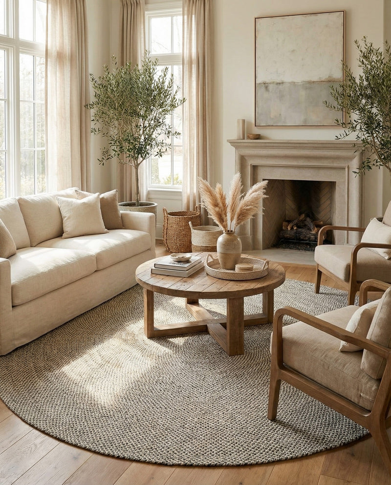 Highland Woven Jute Collection Area Rug - Glenmore (Gray) Round Gray  lifestyle 53