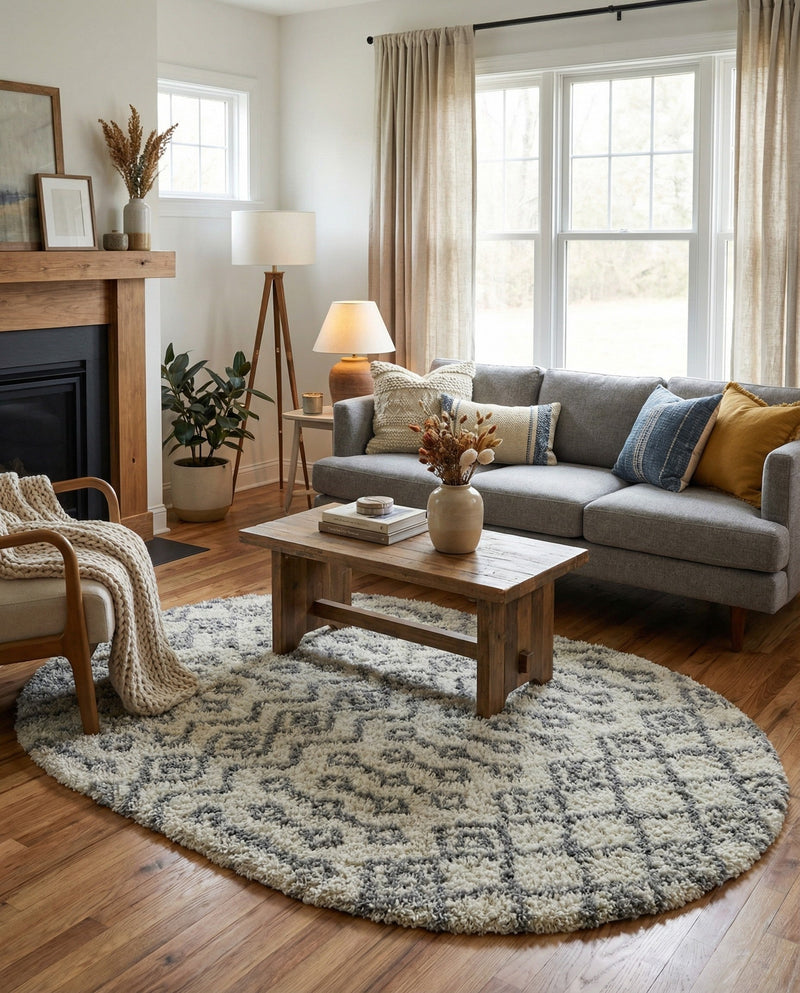 Berber Lattice Shag Collection Area Rug - Atlas (Ivory) Oval Ivory  lifestyle 21