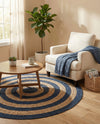 Woven Seaside Jute Collection Area Rug - Nautilus Round Navy Blue Natural  lifestyle 20