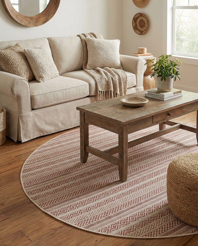 Seaside Stripes Collection Area Rug -  Boardwalk (Red) Round Red  lifestyle 28