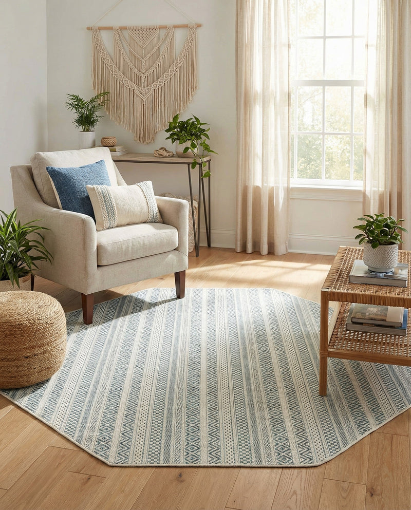 Seaside Stripes Collection Area Rug -  Boardwalk (Teal) Octagon Teal  lifestyle 34