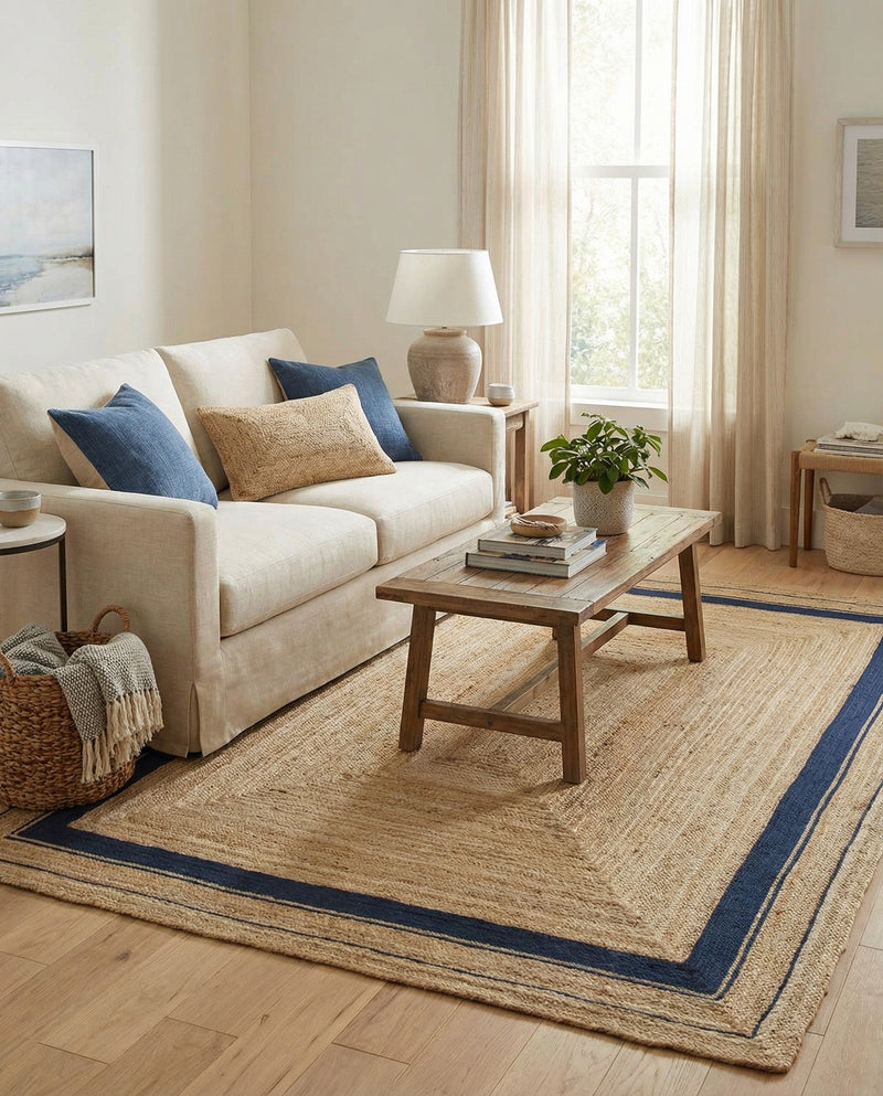 Woven Seaside Jute Collection Area Rug - Nantucket Rectangle Natural and Navy Blue  lifestyle 26