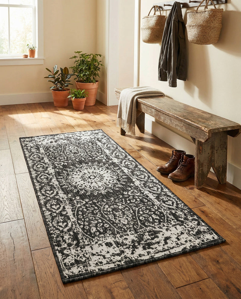 Patio Heritage Collection Area Rug -  Lafayette (Black and White) Runner Black and White  lifestyle 47