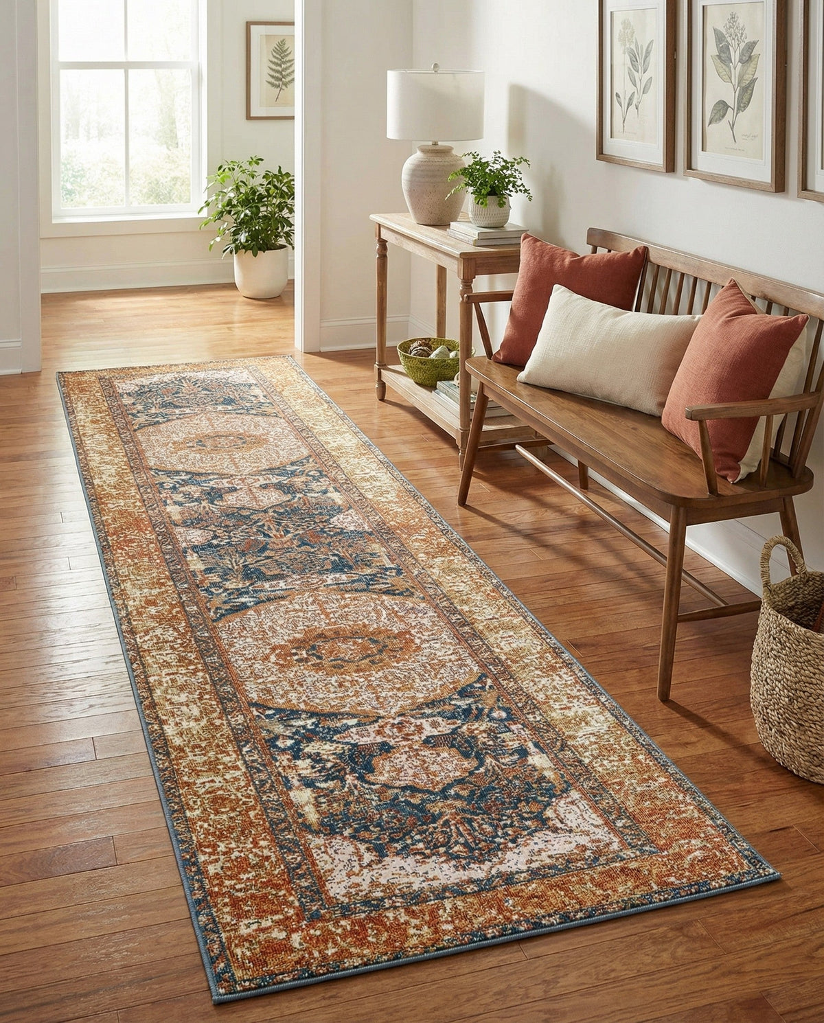 Patio Heritage Collection Area Rug -  Courtyard Runner Navy Blue and Light Pink  lifestyle 59