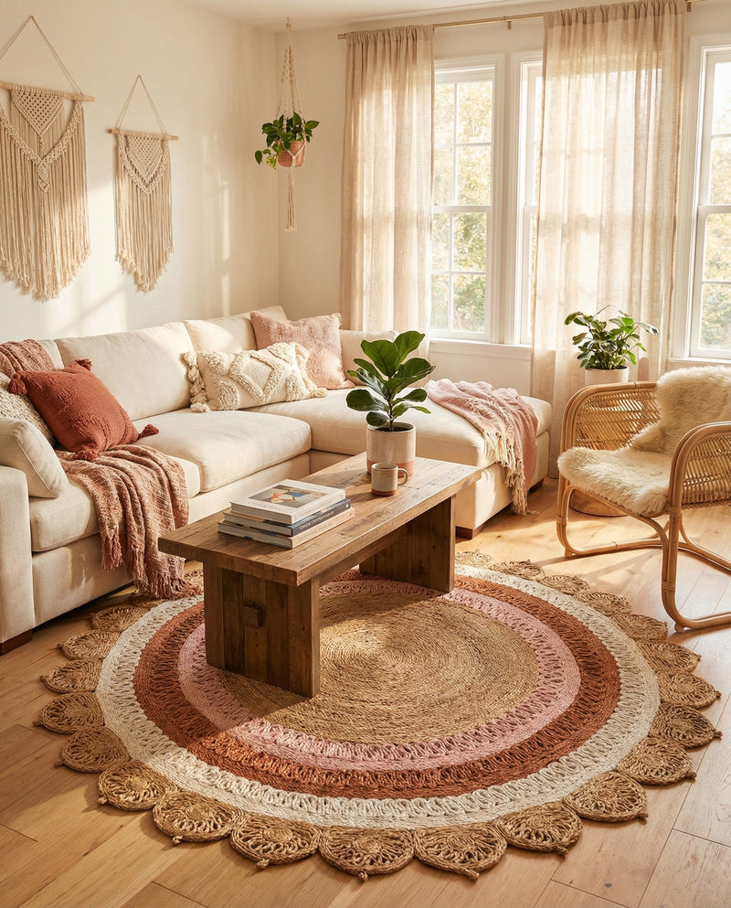 Woven Seaside Jute Collection Area Rug - Coastalhaven (Natural White Orange Pink) Round Natural White Orange Pink  lifestyle 17