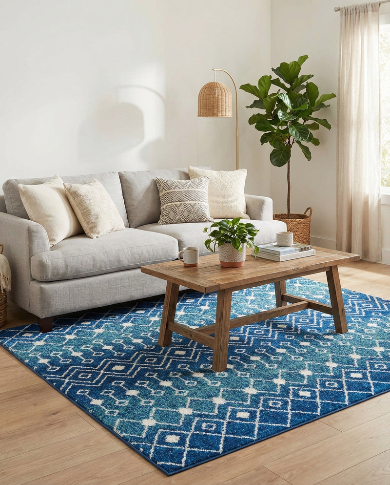 Mediterranean Lattice Collection Area Rug - Santorini (Navy and Teal) Square Navy and Teal  lifestyle 35