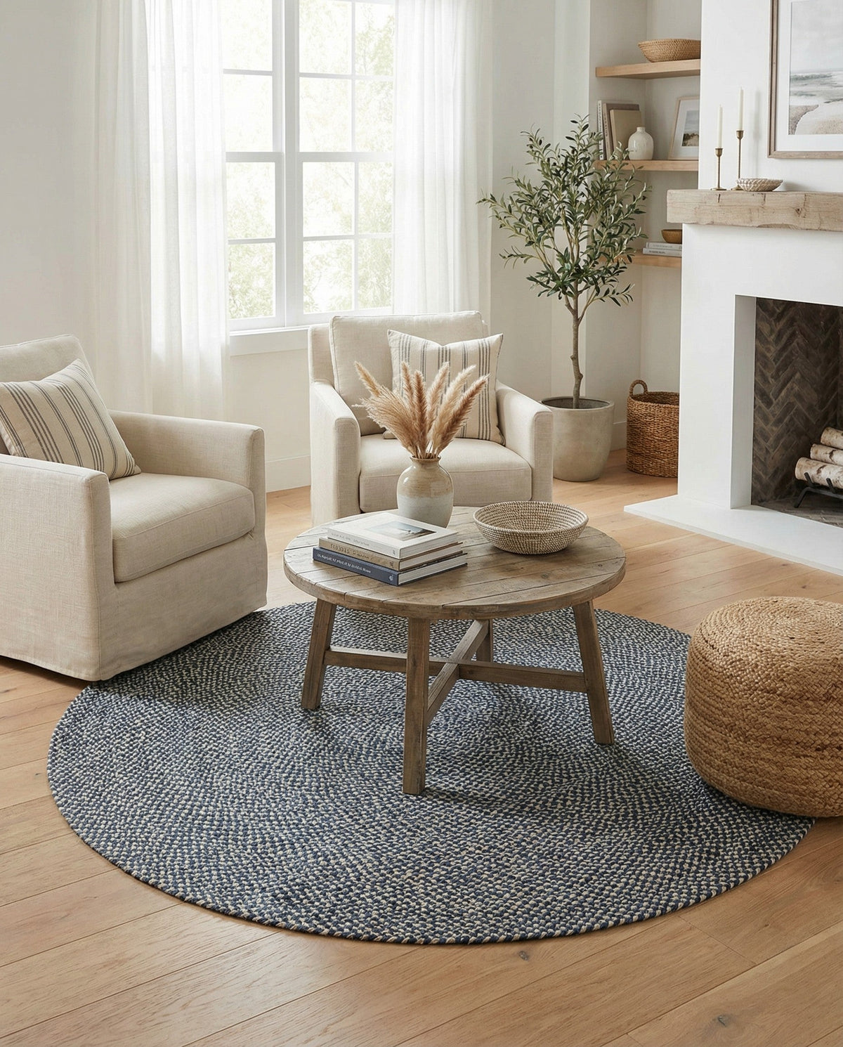 Highland Woven Jute Collection Area Rug - Glenmore (Navy Blue) Round Navy Blue  lifestyle 41