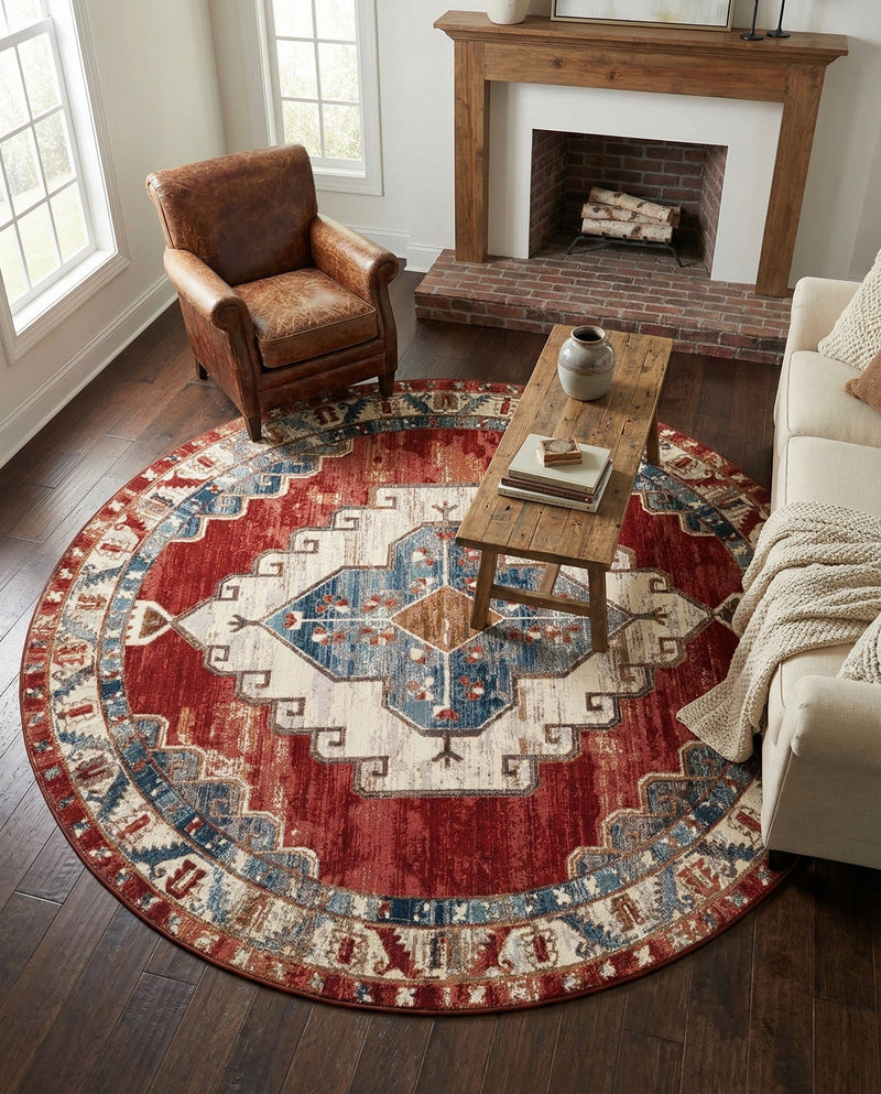 Patio Heritage Collection Area Rug -  Alcove Round Red and Navy Blue  lifestyle 62