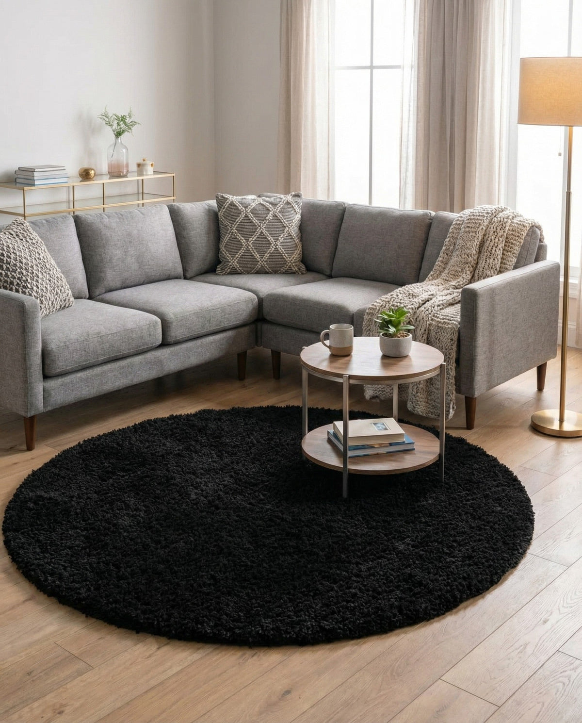 Plush Oasis Collection Area Rug - Serenity (Jet Black) Round Jet Black  lifestyle 32