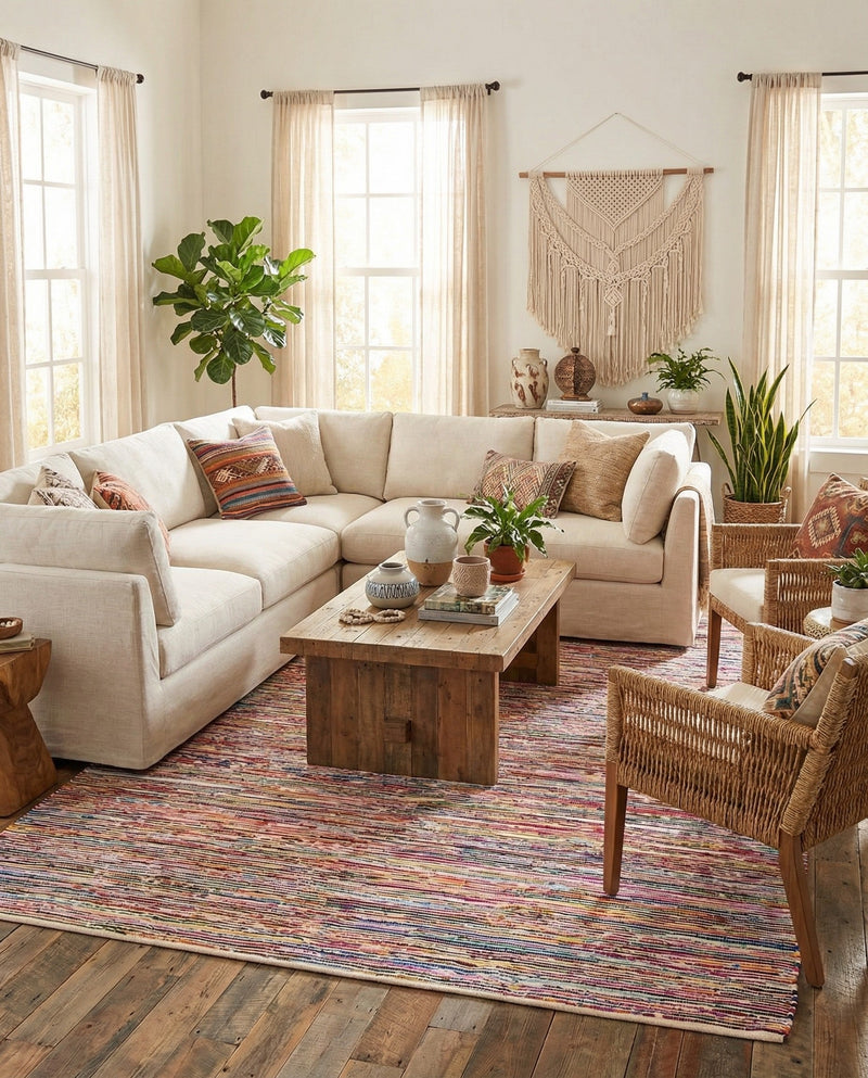 Thar Cotton Collection Area Rug - Alleppey Rectangle Multi White  lifestyle 22