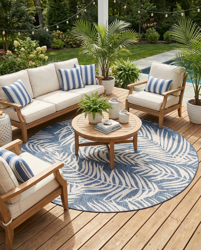 Seaside Blooms Collection Area Rug - Verdure (Blue) Round Blue  lifestyle 54