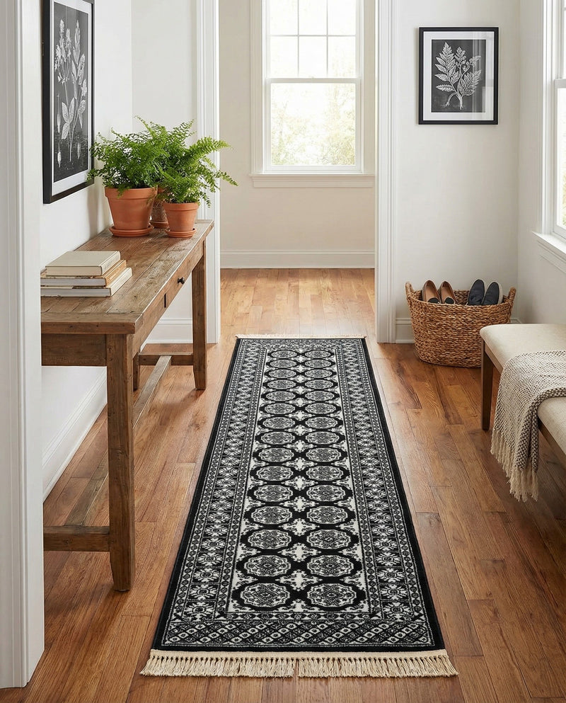 Samarkand Elegance Collection Area Rug -  Margilan (Black and White) Runner Black and White  lifestyle 74