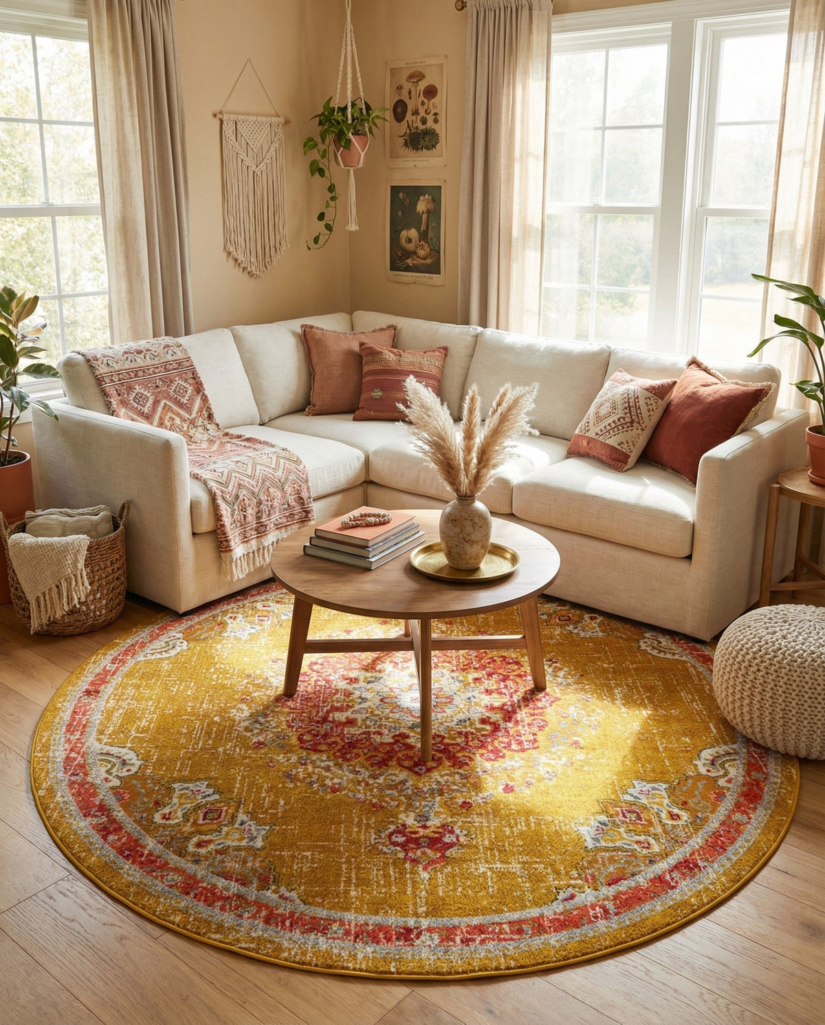 Brighton Terrace Collection Area Rug - Hove (Gold) Round Gold  lifestyle 129
