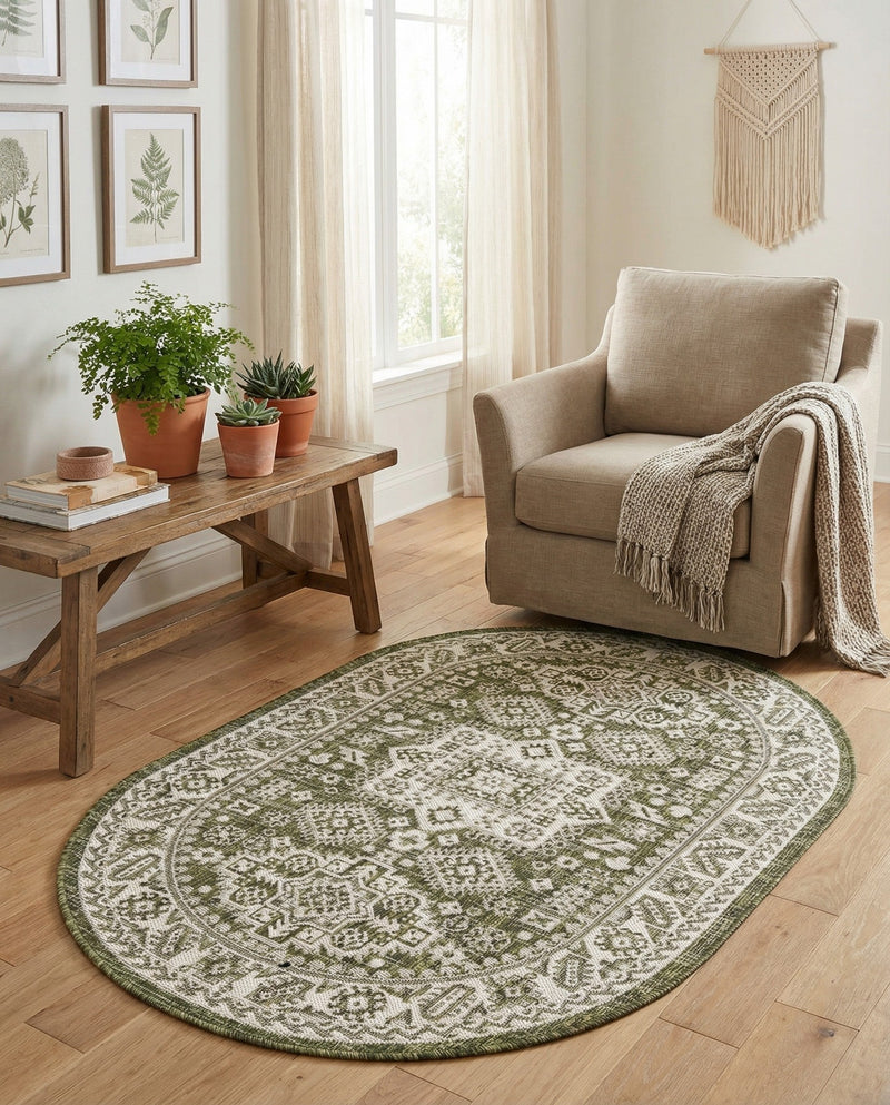Tribal Terrace Treasures Collection Area Rug -  Incan Isle (Green) Oval Green  lifestyle 90