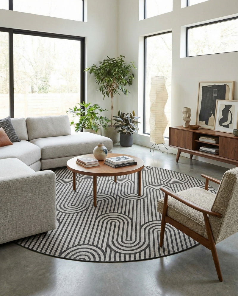 Urban Terrace Collection Area Rug -  Uptown Round Black and White  lifestyle 74