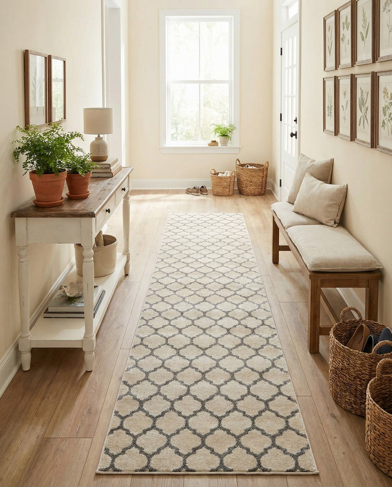 Lattice Gardens Collection Area Rug -  Bloomfield (Beige and Gray) Runner Beige and Gray  lifestyle 62