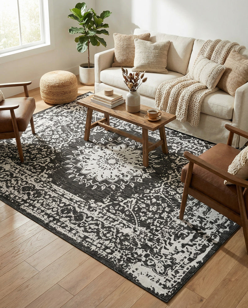 Patio Heritage Collection Area Rug -  Lafayette (Black and White) Rectangle Black and White  lifestyle 7