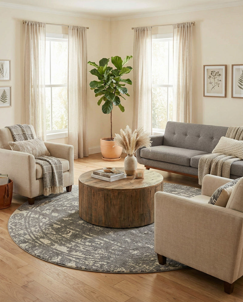Brighton Stripes Collection Area Rug - Sussex (Gray and Ivory) Round Gray and Ivory  lifestyle 20