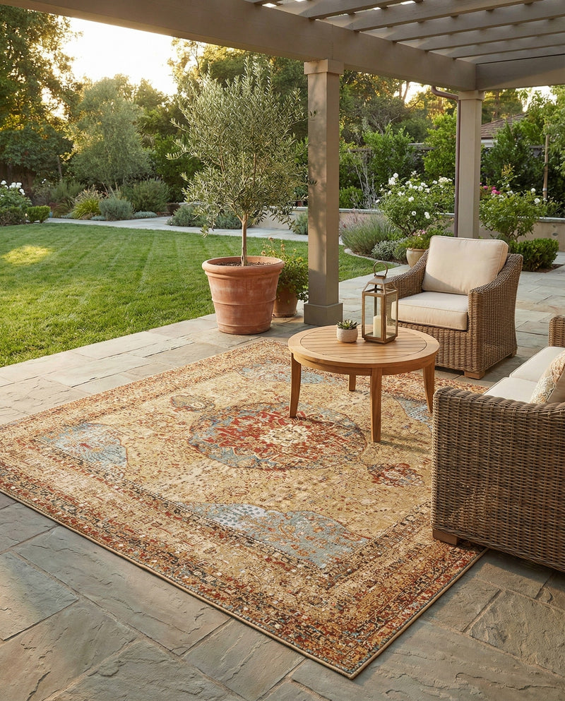 Patio Heritage Collection Area Rug -  Pergola Square Blue and Light Brown  lifestyle 31