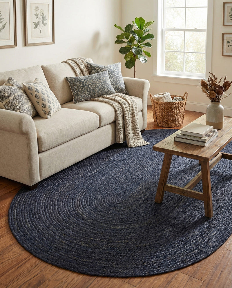 Woven Seaside Jute Collection Area Rug - Savannah (Navy Blue) Oval Navy Blue  lifestyle 79
